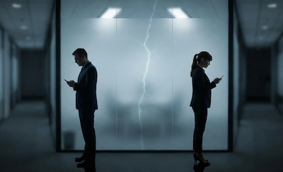 A photographic image of two colleagues in business attire standing in a dimly lit, blurred office corridor. They are facing away from each other, looking at their phones, with a large, transparent, frosted glass wall between them that has a faint, glowing crack down the middle, symbolizing an emotional and professional distance. The overall tone is somber and isolated.