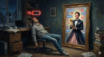 A business owner stands in front of a mirror. In the reflection, they look vibrant, wearing a tuxedo/gown, holding a trophy, surrounded by "likes" and hearts floating in the air. In reality (outside the mirror), the person is wearing casual office wear, looking exhausted, with a battery icon floating above their head showing 1% charge