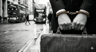 a pair of hands wearing suit cuffs. Instead of a watch, the wrist is shackled by a golden handcuff attached to a heavy briefcase labelled "EARN-OUT"