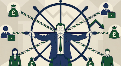 a stressed business owner in a suit is acting as the hub of a wheel, holding onto multiple ropes attached to employees, clients, and money bags acting as spokes.