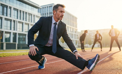 A photo of a business professional, a man in his late 40s, wearing a suit and tie, but he is also wearing athletic running shoes and is stretching on a running track. He has a determined expression. In the background, there is a modern office building and other blurred figures of people also in business attire doing warm-up exercises. The sun is rising, casting a warm glow.