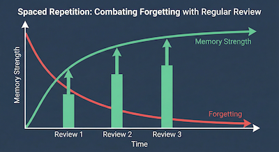Infographic illustration showing a forgetting curve graph with an upward trend line labeled 'Memory Strength' and a downward curve labeled 'Forgetting.' Multiple vertical bars along the horizontal axis labeled 'Time' and 'Review 1,' 'Review 2,' 'Review 3' show a boost back up the memory strength curve at spaced intervals, demonstrating how spaced repetition combats forgetting. The text 'Spaced Repetition: Combating Forgetting with Regular Review' is at the top.