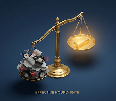A conceptual 3D isometric illustration of a golden balance scale set against a clean, dark blue background. On the left scale plate, a massive, chaotic pile of grey paperwork, ringing phones, and clock icons weighs it down heavily (representing the "Bad Client"). On the right scale plate, a single, neat, glowing gold ingot sits much higher, representing the "Good Client". The lighting is dramatic and studio-quality, highlighting the contrast between the clutter and the value. High-end financial editorial style.
