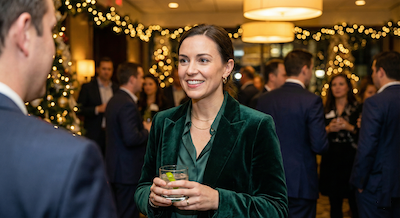 A portrait photograph of a sharp-looking woman in a velvet blazer at a business holiday mixer. She is holding a glass with a clear drink and a lime twist (implying water or a light cocktail). She is smiling warmly and making eye contact, listening intently to someone off-camera. She looks alert, composed, and engaged. The lighting is golden and flattering.