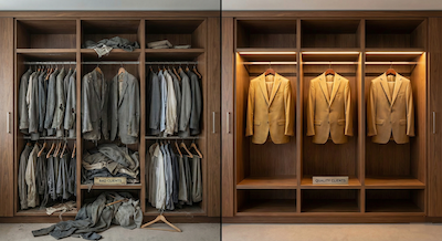 A split-screen architectural interior shot of a wardrobe. The left half of the image shows the wardrobe stuffed to bursting with old, grey, moth-eaten, and wrinkled suits (representing bad clients). The right half of the image shows the same wardrobe space but it is minimalist and airy, containing only three luxurious, high-end golden-hued tailored suits hanging perfectly with plenty of space between them. The image symbolises "clearing out the old to make room for quality."