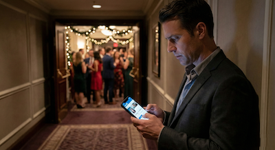 A candid shot of a man in a suit jacket standing in a quieter corridor just outside a lively main party hall. He is discreetly glancing down at a smartphone screen showing a professional social media profile (like LinkedIn). In the blurred background behind him, through an open doorway, people are celebrating under festive lights. He looks focused and prepared.