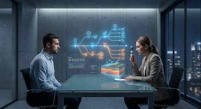 An eye-level shot inside a modern, minimalist interview room. A hiring manager is looking at a candidate across a glass table. Between them, floating in the air, is a holographic projection of a timeline. The timeline is glowing and shows a series of interconnected milestones stretching back years, revealing layers of past achievements and challenges like a geological cross-section. The manager holds a magnifying glass, looking closely at one section of the timeline. The mood is analytical and revealing.