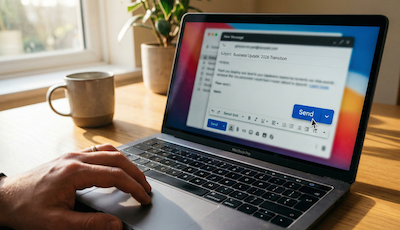 A first-person perspective shot looking at a laptop screen in a bright, sunlit home office. The screen shows a blurred e-mail draft, but the "SEND" button is sharp and in focus. The cursor is hovering right over the button, ready to click. The subject line of the email is visible and legible: "Business Update: 2026 Transition". The overall vibe is calm, decisive, and professional, with soft morning light streaming across the British keyboard.