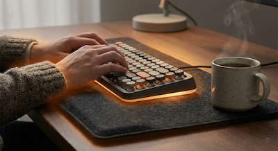 A detailed close-up photograph of a person's hands typing on a modern mechanical keyboard. The keyboard sits on top of a dark charcoal-colored heated desk mat. A very subtle, warm orange glow seems to emanate from beneath the edges of the mat and around the person's wrists. A ceramic mug with steam rising from it sits beside the mat. The depth of field is shallow, focusing tightly on the hands and the warm technology.