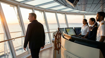 A cinematic shot of a ship’s bridge or a high-tech control room. The Captain (founder) is calmly walking away from the wheel, smiling and looking toward the horizon (the exit). Behind them, the wheel continues to turn automatically, and a team of focused professionals is manning the controls effectively. The scene conveys trust, systems, and freedom. Warm, confident lighting, photorealistic style, 8k resolution, focus on the founder's relaxed silhouette against the busy, efficient background.
