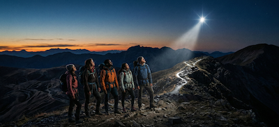 A wide-angle landscape photograph at twilight. A small team of five distinct individuals, equipped for a journey, stands on a high mountain ridge. They are not looking at a map or a boss; they are all looking upwards toward a single, exceptionally bright star pulsing in the sky above a distant horizon. The star emits a beam of light that illuminates a path forward for them. The ground below them is complex and rugged, but their focus is unified on the guiding light. The style is inspirational and cinematic.