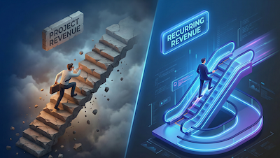  A split-screen comparison rendered in a 3D isometric style. On the left, a jagged, unpredictable stone staircase that looks difficult to climb, labeled "Project Revenue." On the right, a sleek, futuristic ascending escalator or smooth ramp glowing with blue neon light, labeled "Recurring Revenue." A business figure is effortlessly gliding up the right side. The background is a clean, dark corporate gradient. High-tech aesthetic, distinct contrast between the two models.