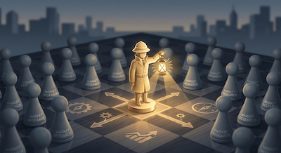 A high-concept editorial illustration of a business chessboard. In a sea of identical, grey, generic pawn pieces representing "market research," one piece stands out distinctly: a glowing, golden explorer or anthropologist figure holding a lantern. The golden piece casts a light that reveals hidden paths on the board. The style is professional, sleek, and corporate minimalist. Dramatic lighting, sharp focus on the unique piece, depth of field blurring the background.